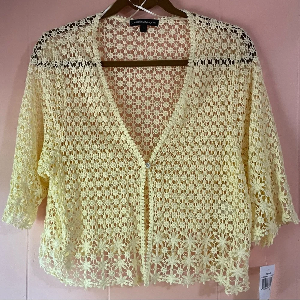 CHRISMcLaughlin Crochet Floral Butter Yellow Cardigan Lace Cropped Boho - Picture 16 of 16